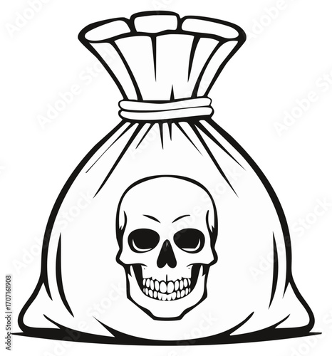 Black and white vector illustration of a sack with a skull symbol representing poison or illegal goods