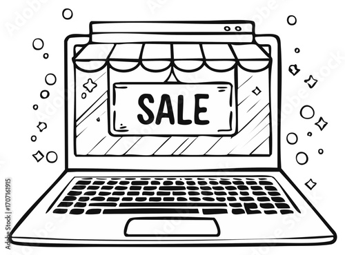 Online Sale Promotion Doodle Hand Drawn Laptop with Market Stall Sign