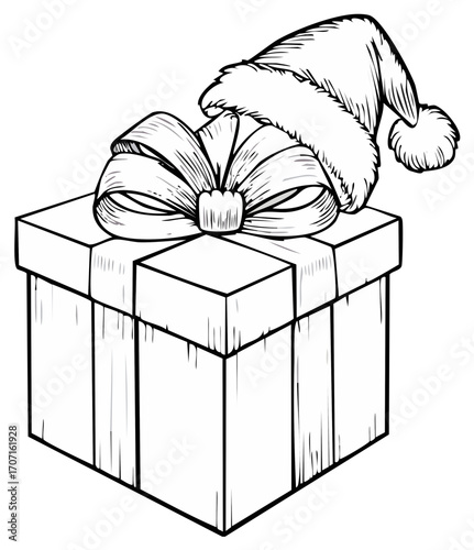 Gift box with bow and Santa hat illustration. Christmas holiday present in ink line art