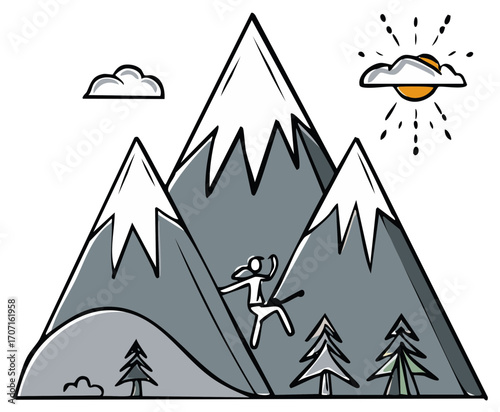 Bold line art person climbing a high snow capped mountain range with pine trees and sunny sky