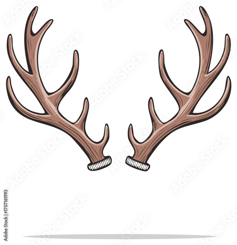 Illustration of a pair of brown deer antlers with stylized shading and outlines