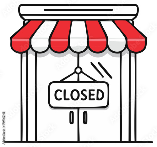 Hand drawn simple shop front with a closed sign hanging on the door and a striped awning above