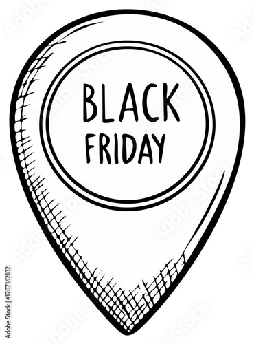 Stylized Black Friday announcement in pinpoint shape, sketch style. Promotion and special offer theme.