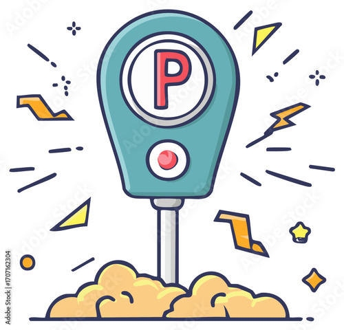 Friendly parking meter with a P symbol and energetic graphic elements