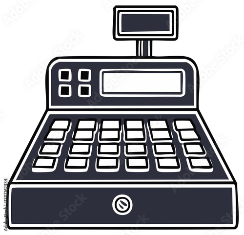 Illustration of a cash register with keys and display, representing retail sales and business transactions.