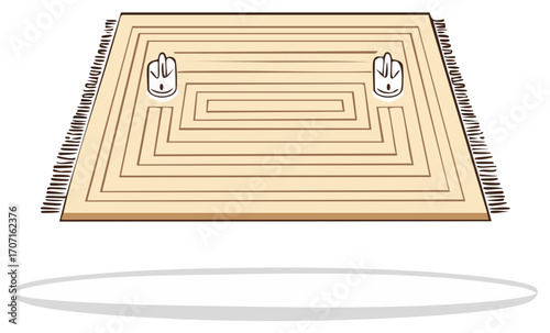 Simple illustration of two cute robotic figures exploring an intricate labyrinth design on a decorative beige rug