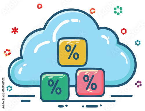 Conceptual cloud with percentage signs on colorful cubes, representing digital finance and savings
