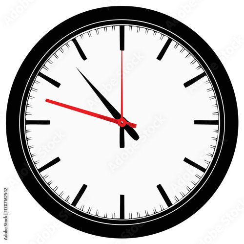 Simple black clock face illustration with red and black hands.