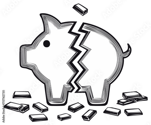 Cracked Piggy Bank with Gold Bars, Financial Loss, Economic Crisis Concept.