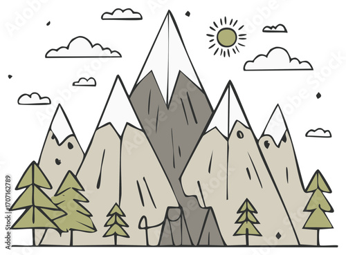 Hand-drawn illustration of mountains, sun, clouds, and trees, adventure travel theme.