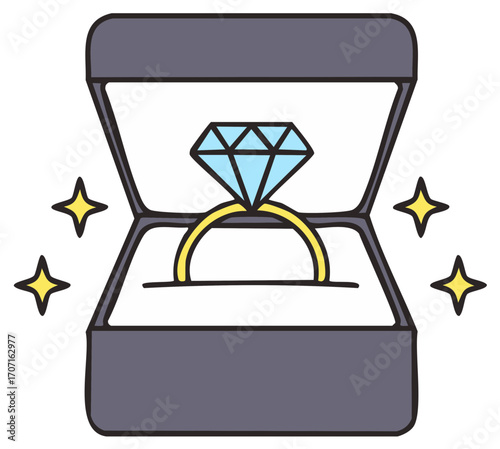 Sparkling diamond engagement ring in an open jewelry box vector illustration for marriage proposal