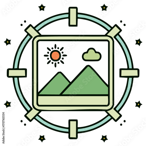 Geometric Landscape Graphic: Mountains, Sun, Cloud in Circular Frame