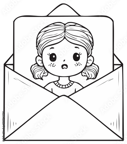 Coloring page of a cute kawaii girl with pigtails peeking out of a mail envelope