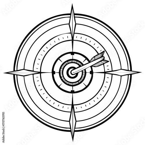 Arrow hits bullseye in stylized compass target graphic
