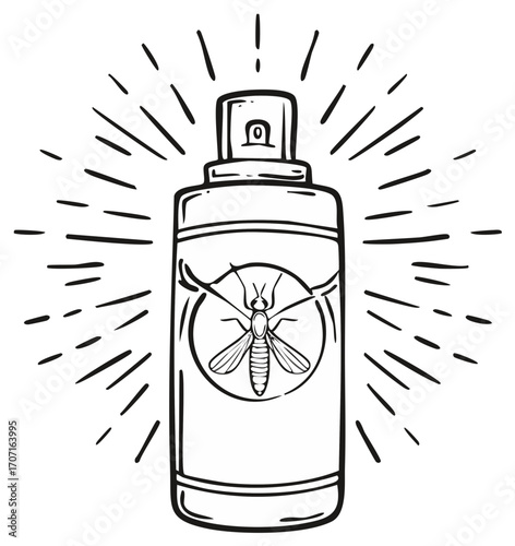 Hand drawn mosquito repellent spray bottle with insect icon and radiating lines for pest control