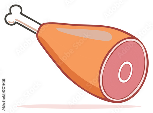 Cartoon illustration of a large roasted ham or pork leg on the bone, showing a fresh meat cut.