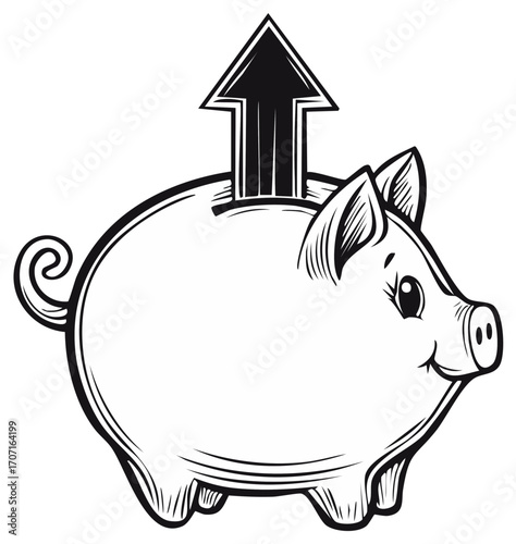 Piggy Bank Outline Illustration with Arrow Going Upwards Indicating Increased Savings