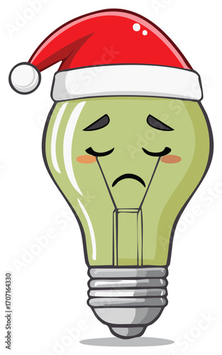 Sad lightbulb cartoon character wearing a Santa hat illustration