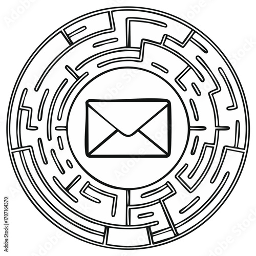Circular maze puzzle with an email envelope icon at the center representing a communication challenge