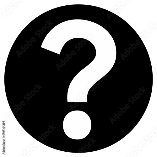 White question mark symbol inside a black circle, design for information and support.