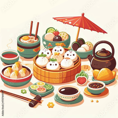 Illustrated food still life features dumplings soup tea various dishes and an umbrella all with a cartoonstyle design