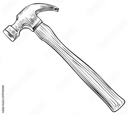 Detailed black and white line art illustration of a classic claw hammer, a versatile hand tool for construction and DIY.