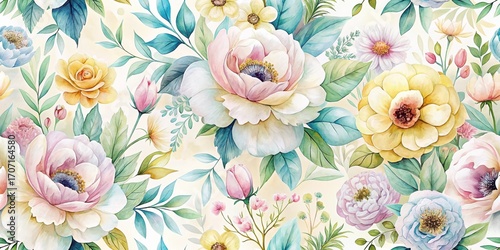 Elegant Watercolor Floral Pattern Featuring Delicate Blooms and Lush Greenery, Perfect for Textile Design or Home Decor