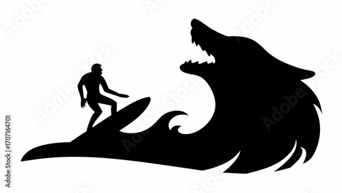 Silhouette of a surfer riding a wave that transforms into a wolf head with an open mouth, black and white