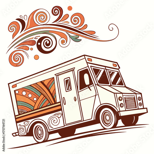 Vector art of a vintage food truck illustration, adorned with retro swirls and patterns, creating a nostalgic and stylish scene for culinary adventures on the go