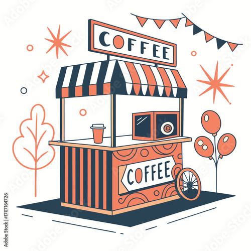 Vector art of a charming coffee stand, , with a striped awning and festive decorations, inviting customers to enjoy a delicious cup of coffee in a cheerful and welcoming atmosphere