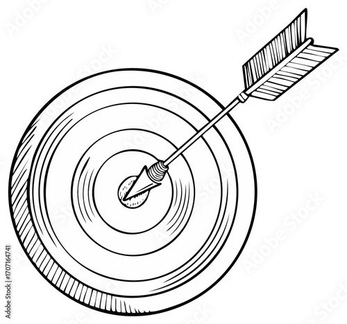 Arrow Hitting Target Bullseye, Achieved Accuracy, Hand Drawn Illustration of Success
