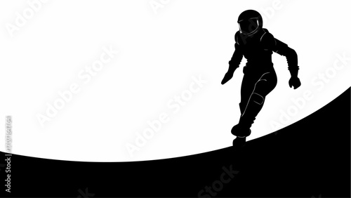 Silhouette of astronaut in space suit walking on a curved surface with white background in monochrome style