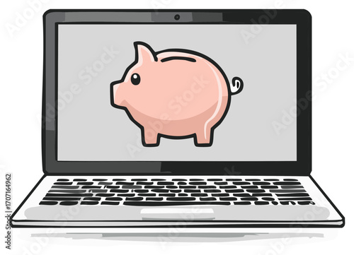 Pink Piggy Bank on Laptop Computer Screen, Financial Saving Goals Concept