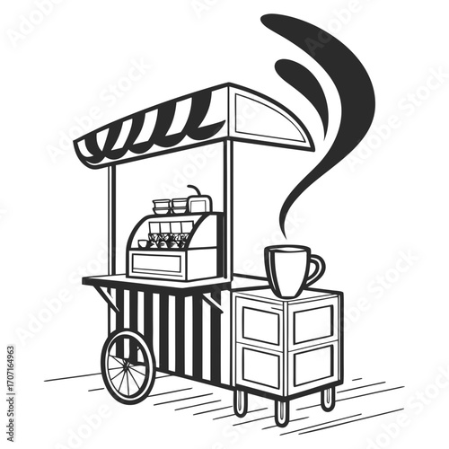 Illustration of a coffee cart with steam rising from a cup, the cart has a striped awning and wheels, with coffee and pastries displayed