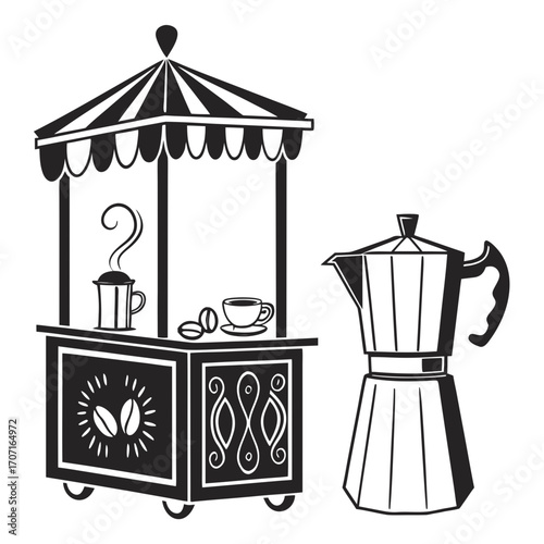 Illustration of a coffee stand and moka pot, showcasing a charming coffee stall with a steaming mug, coffee beans, and a classic italian coffee maker