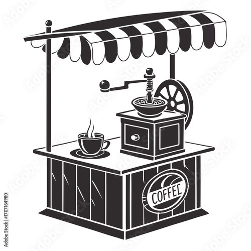 Illustration of a coffee stand, featuring a vintage coffee grinder, a steaming cup, and a coffee bean logo, creating a cozy and inviting atmosphere