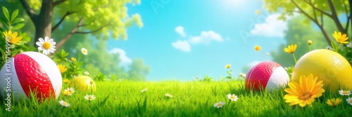 Vibrant summer scene depicting lush green grass, bright flowers, and playful beach balls, perfect for a game-themed summer backdrop , flowers, outdoor games, bloom