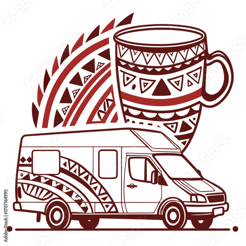 Illustration of a camper van and coffee mug, adorned with tribal patterns, creating a unique blend of travel and coffee culture