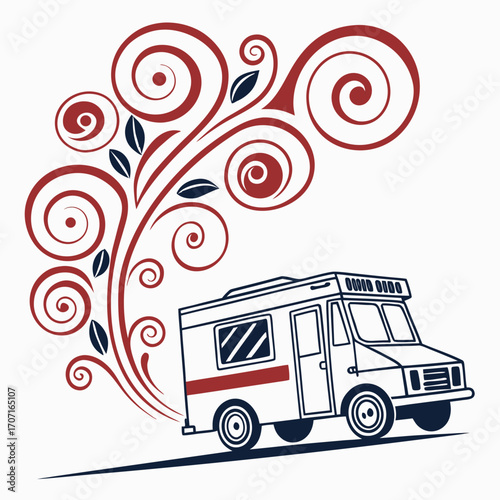 Vector art of whimsical illustration of a food truck, , adorned with decorative swirls and a vintage vibe, perfect for adding a touch of charm to your designs