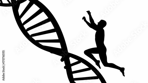 Silhouette of a person climbing a dna structure with arms raised in a black and white illustration style