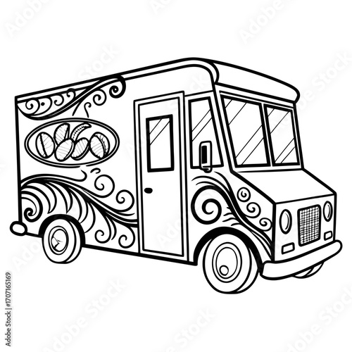 Vector art of detailed line art of a food truck, featuring intricate coffee bean and swirl designs, ideal for coloring books, cafe logos, or food truck branding