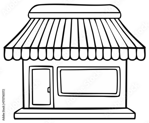 Black and White Outline Drawing of a Storefront with Awning and Display Window