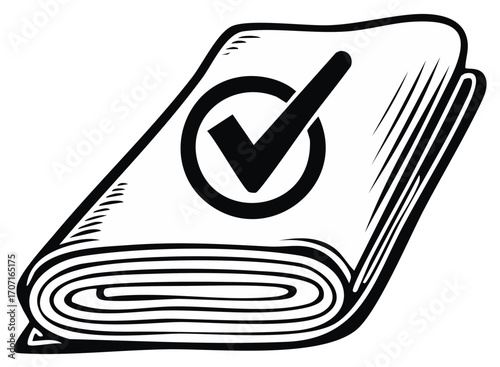 Rolled Document Stack with Check Mark, Approval Concept Sketch, Confirmation Graphic