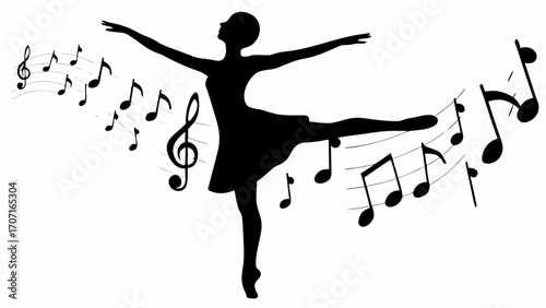 Silhouette of a ballerina in arabesque pose surrounded by musical notes and treble clefs in black and white