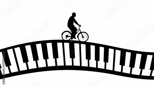 Silhouette of a person riding a bicycle on a piano keyboard with black and white keys in a creative design