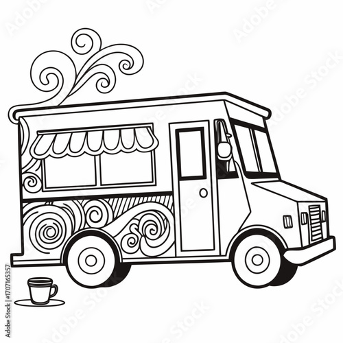 Illustration of a food truck with swirls and a coffee cup, the design features a unique blend of artistic elements and coffee theme