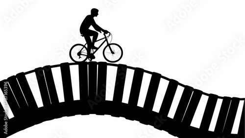 Silhouette of a cyclist riding a bicycle across a bridge made of piano keys in a black and white scene