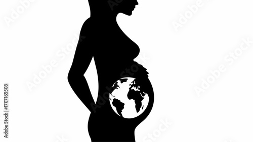 Silhouette of pregnant woman holding her stomach with the earth inside her belly in black and white