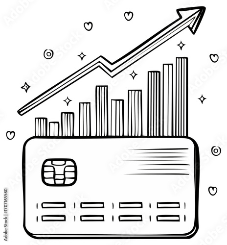 Financial Growth Concept with Credit Card and Rising Bar Chart in Hand Drawn Style