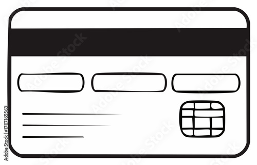 Minimalist payment card outline vector with EMV chip, magnetic stripe, and signature panel design